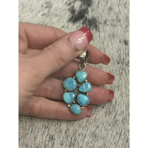 Sterling Silver 2” Blue Ridge Turquoise Multistone Cluster Pendant 6 Stone 925 - Picture 6 of 10